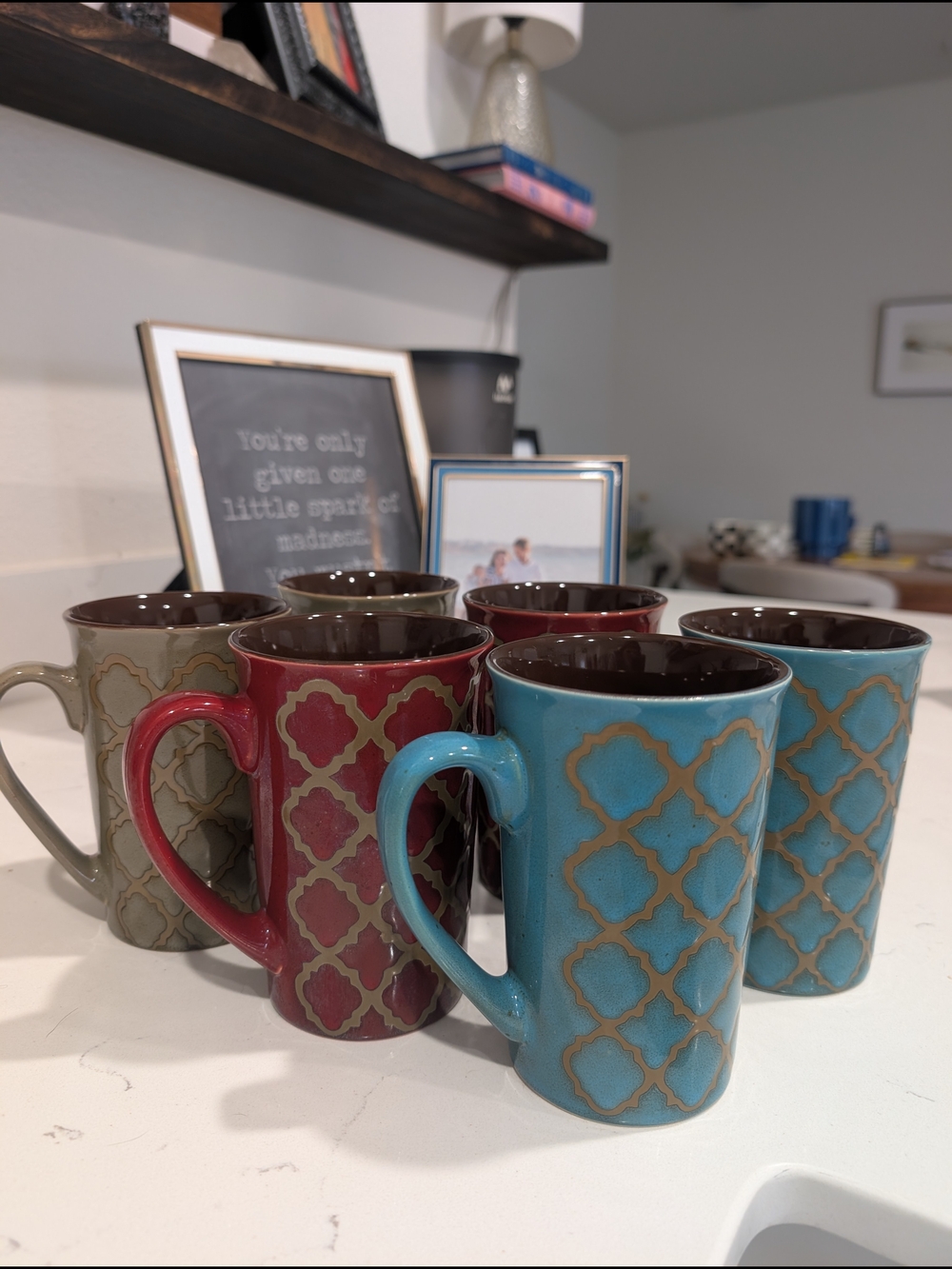Set of 6 Pier 1 Imports 14oz Stonewear Mugs in Blue, Red and Taup